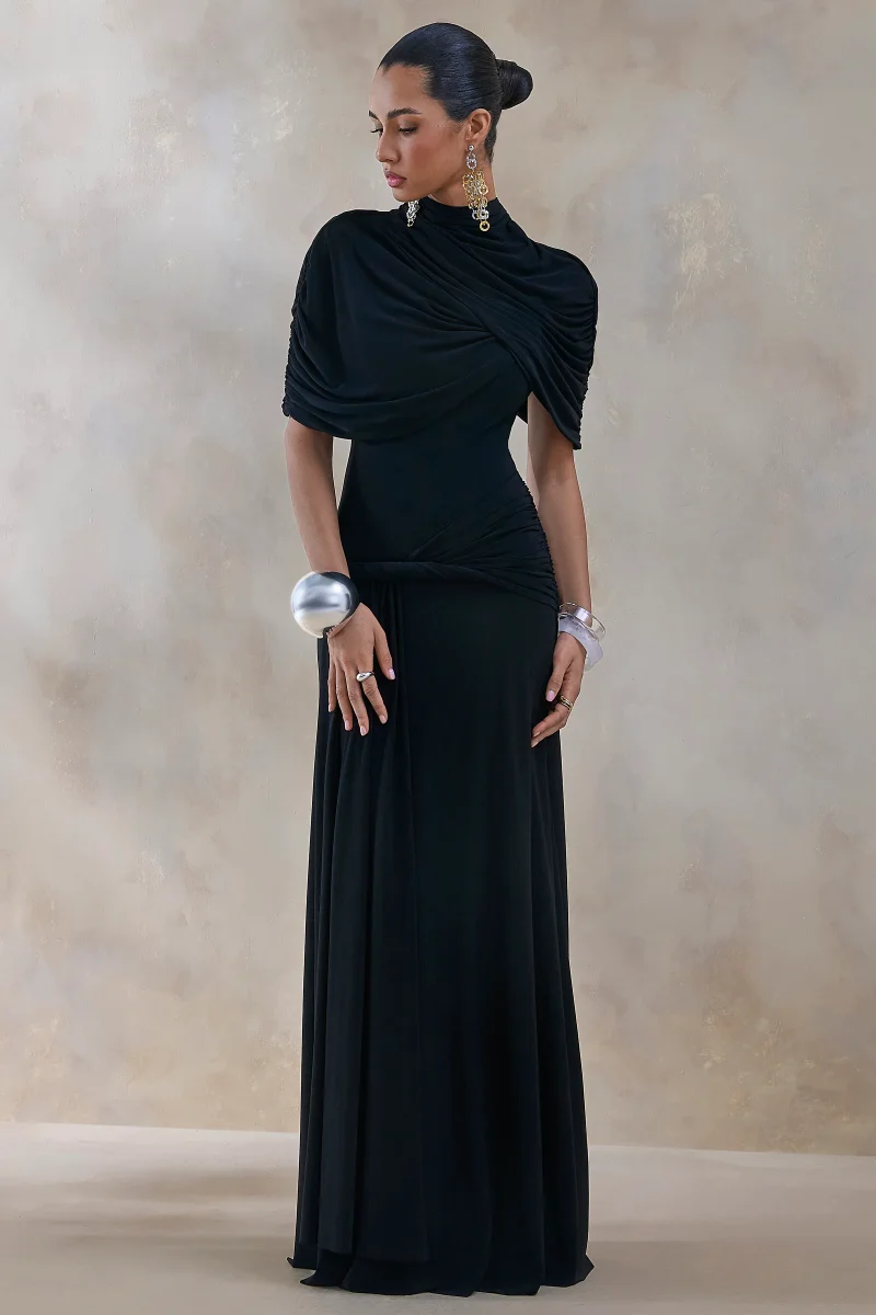 Evelisse | Vestido Largo negro de cuello alto con mangas de capa corta - Imagen 2