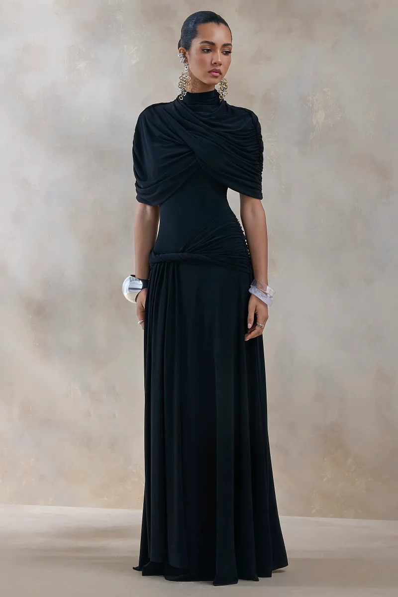 Evelisse | Vestido Largo negro de cuello alto con mangas de capa corta - Imagen 5