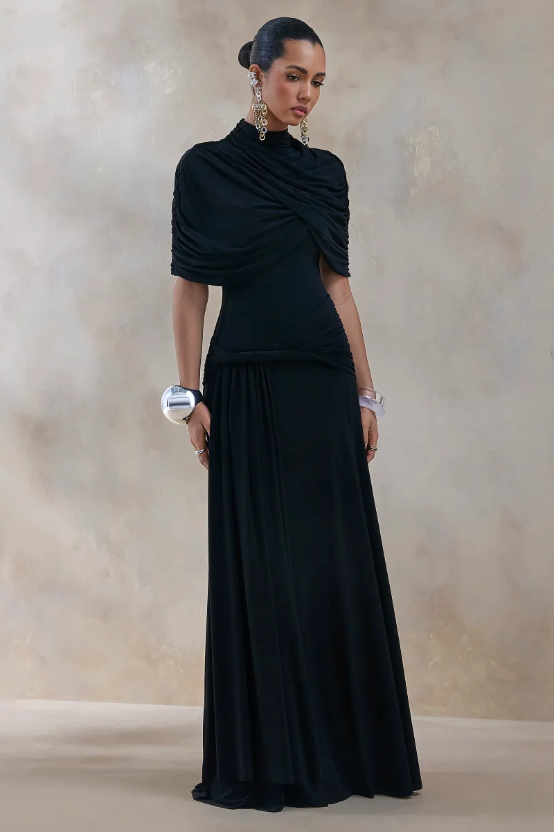 Evelisse | Vestido Largo negro de cuello alto con mangas de capa corta - Imagen 6