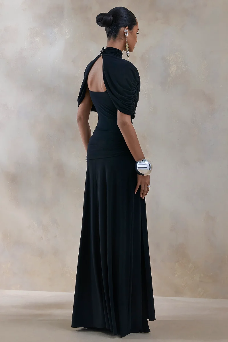 Evelisse | Vestido Largo negro de cuello alto con mangas de capa corta - Imagen 3