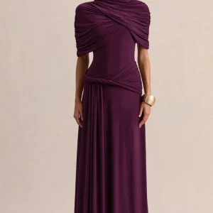 Evelisse | Vestido Largo color ciruela de cuello alto con mangas de capa corta