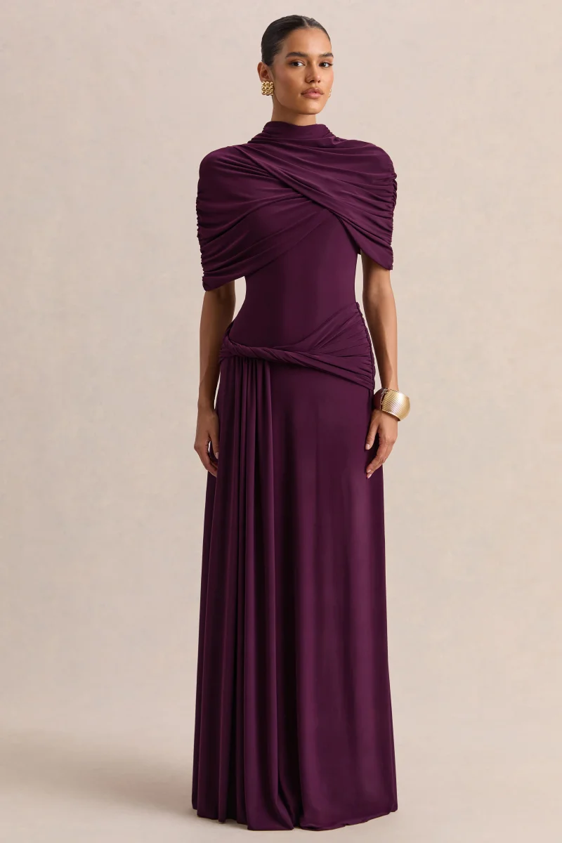 Evelisse | Vestido Largo color ciruela de cuello alto con mangas de capa corta - Imagen 2