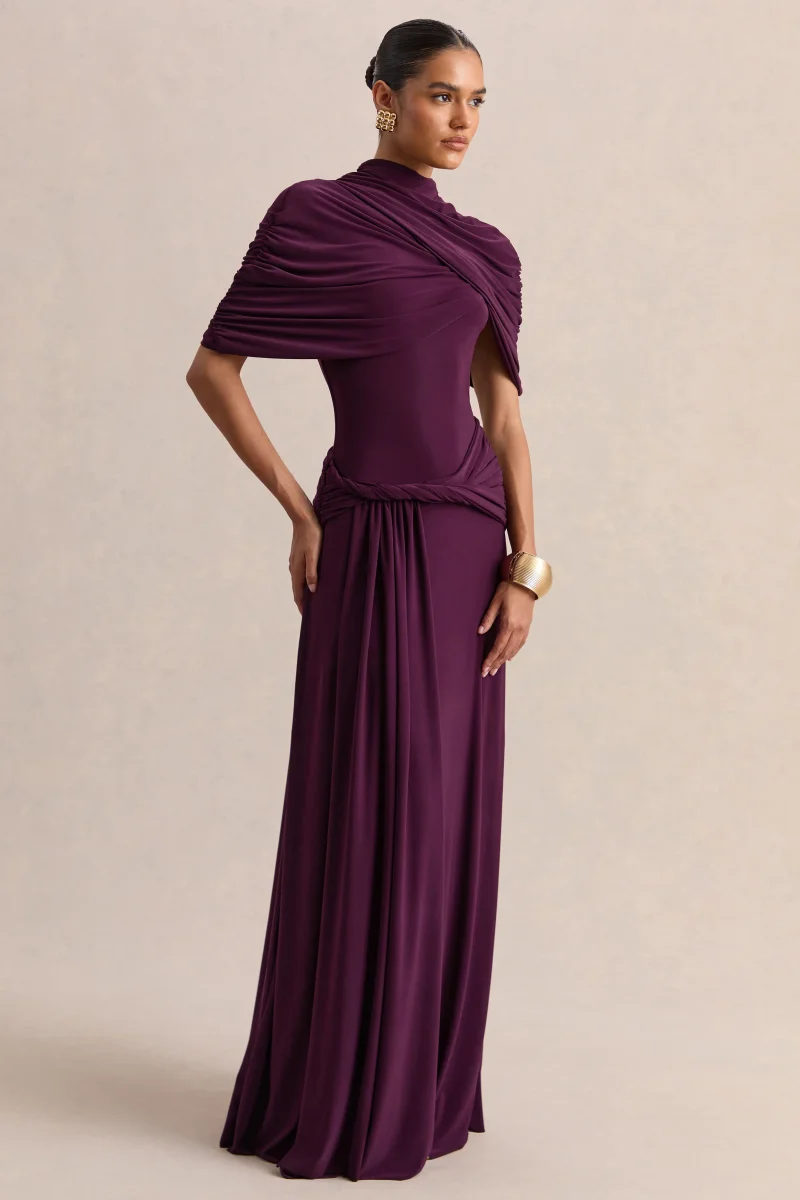 Evelisse | Vestido Largo color ciruela de cuello alto con mangas de capa corta - Imagen 5