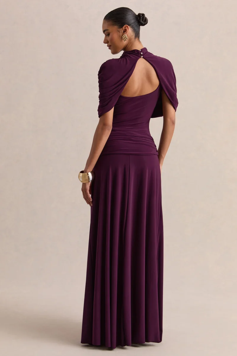 Evelisse | Vestido Largo color ciruela de cuello alto con mangas de capa corta - Imagen 3