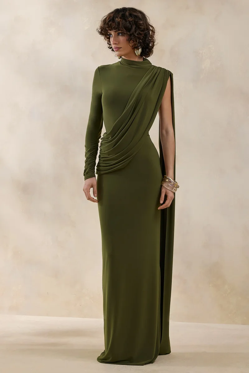 Oliria | Oliva Cuello Alto Vestido Largo con Una Manga Larga y Detalle de Fajín