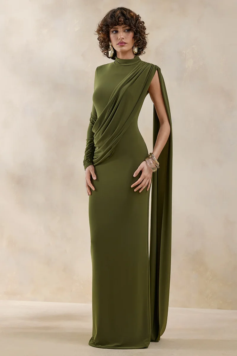 Oliria | Oliva Cuello Alto Vestido Largo con Una Manga Larga y Detalle de Fajín - Imagen 5