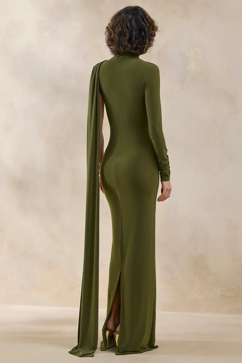 Oliria | Oliva Cuello Alto Vestido Largo con Una Manga Larga y Detalle de Fajín - Imagen 3