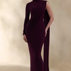 Oliria | Ciruela Oscuro Cuello Alto Vestido Largo con Una Manga Larga y Detalle de Fajín