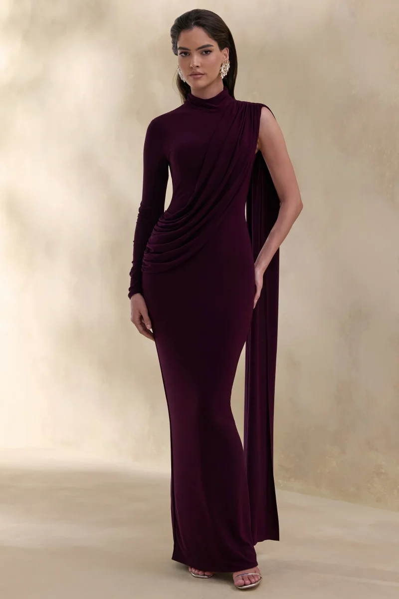 Oliria | Ciruela Oscuro Cuello Alto Vestido Largo con Una Manga Larga y Detalle de Fajín