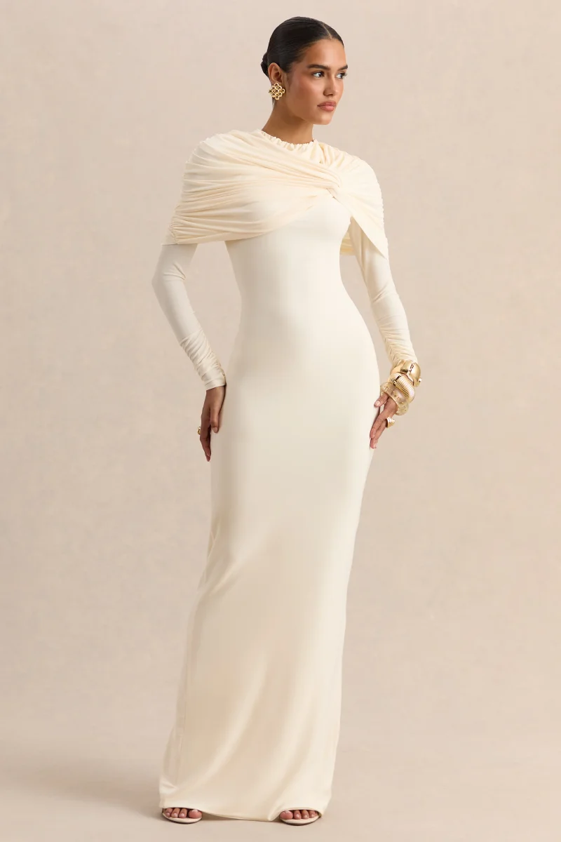 Evessa | Vestido largo de cuello alto en color crema con detalles fruncidos - Imagen 6