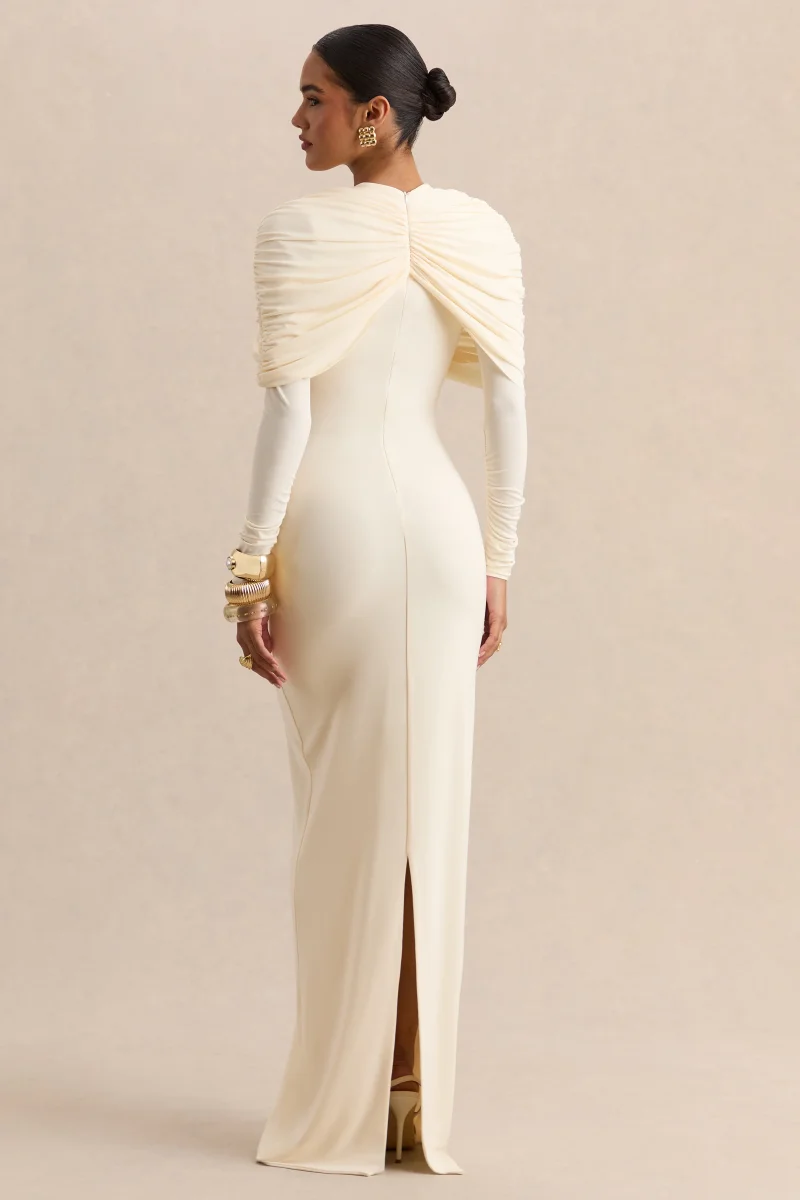 Evessa | Vestido largo de cuello alto en color crema con detalles fruncidos - Imagen 3