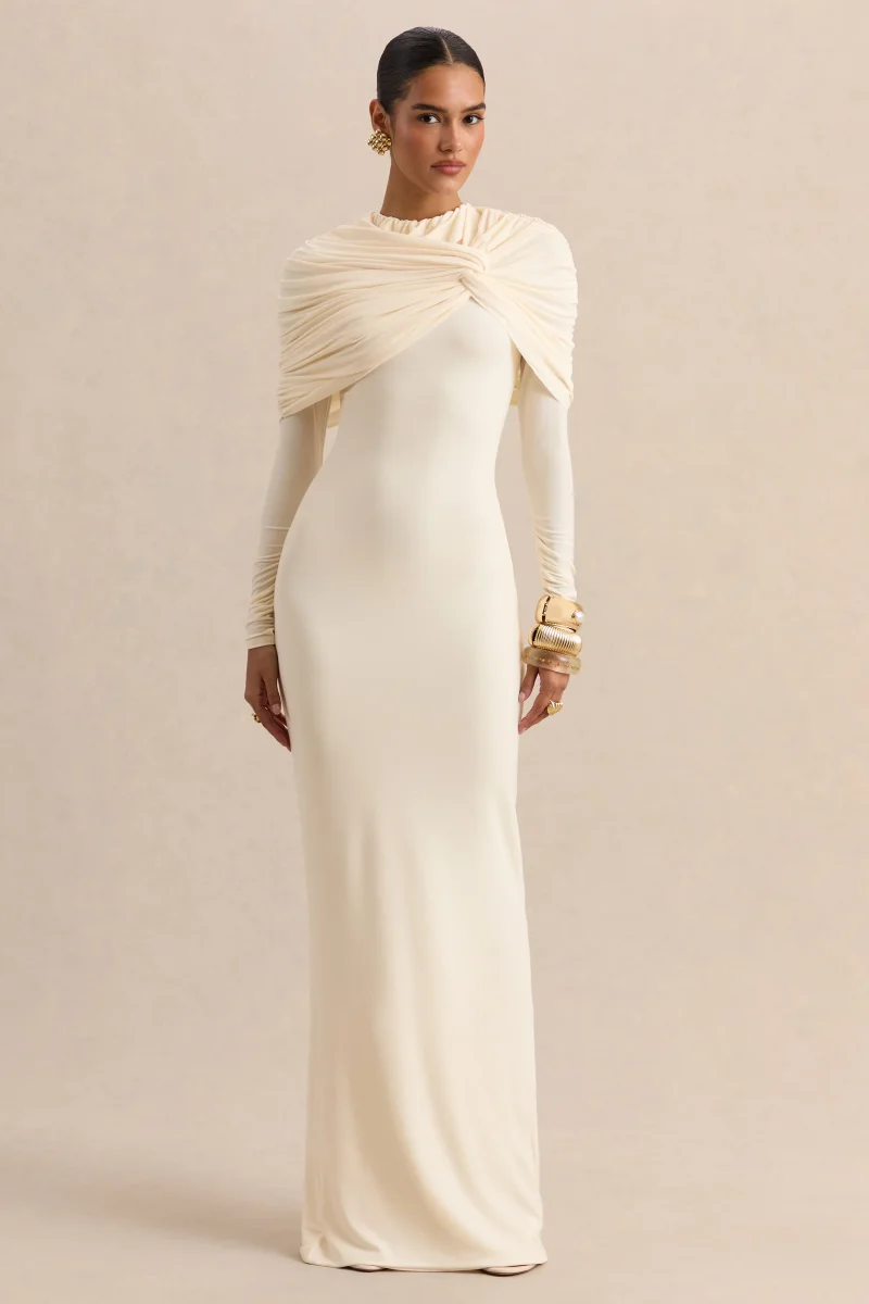 Evessa | Vestido largo de cuello alto en color crema con detalles fruncidos - Imagen 7