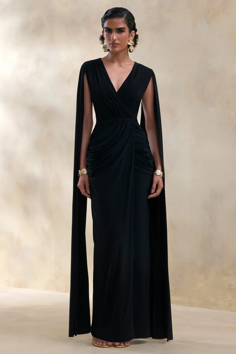 Ulissia | Negro Escote en V Vestido Largo con Mangas Capa - Imagen 6