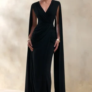 Ulissia | Negro Escote en V Vestido Largo con Mangas Capa