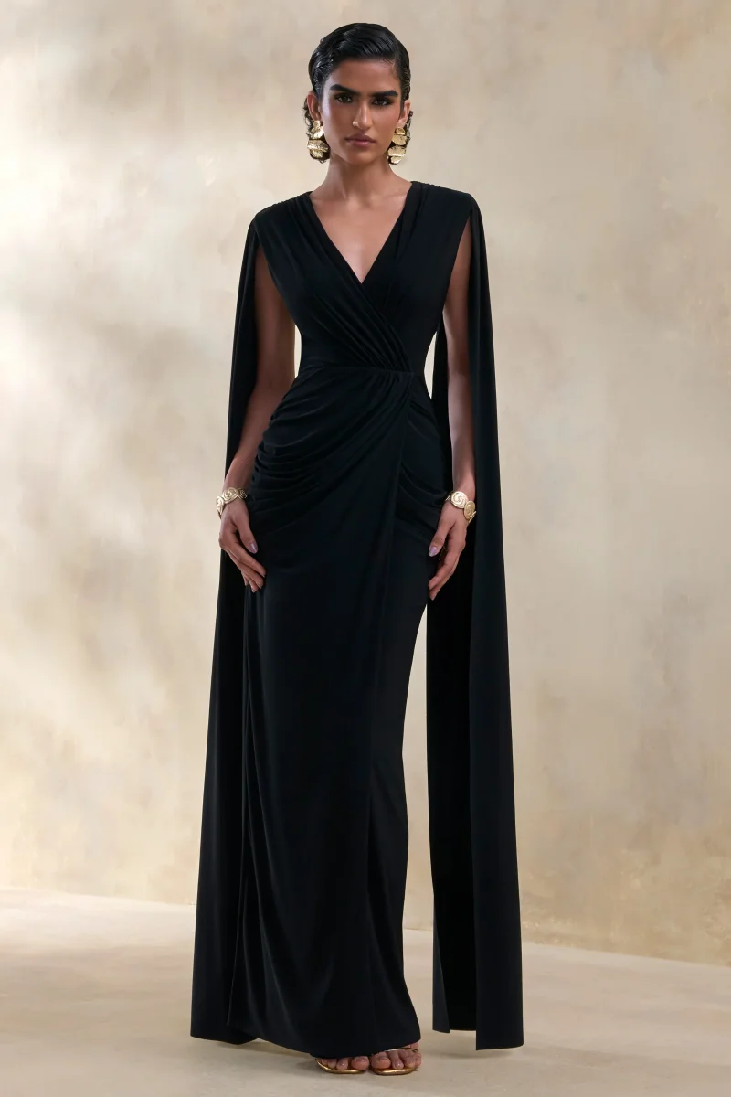 Ulissia | Negro Escote en V Vestido Largo con Mangas Capa - Imagen 2