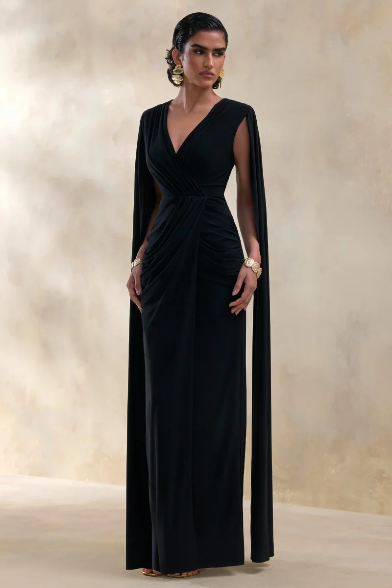 Ulissia | Negro Escote en V Vestido Largo con Mangas Capa - Imagen 5
