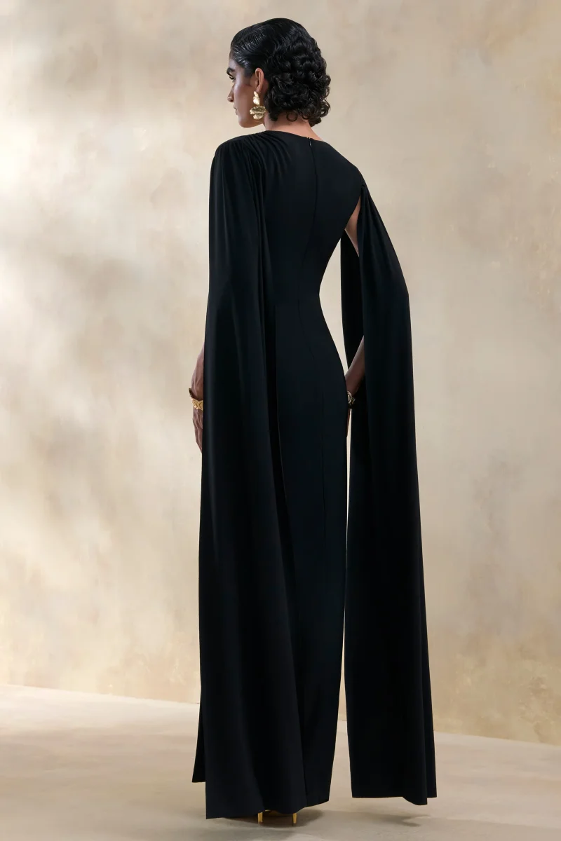 Ulissia | Negro Escote en V Vestido Largo con Mangas Capa - Imagen 3