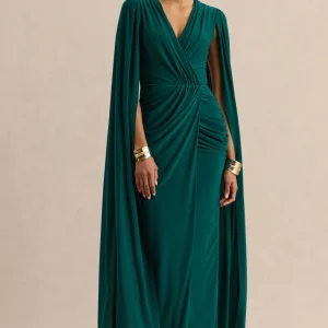 Ulissia | Verde Botella Escote en V Vestido Largo con Mangas Capa