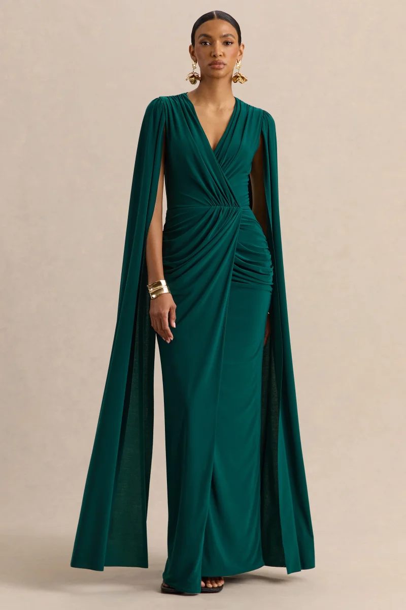 Ulissia | Verde Botella Escote en V Vestido Largo con Mangas Capa - Imagen 7