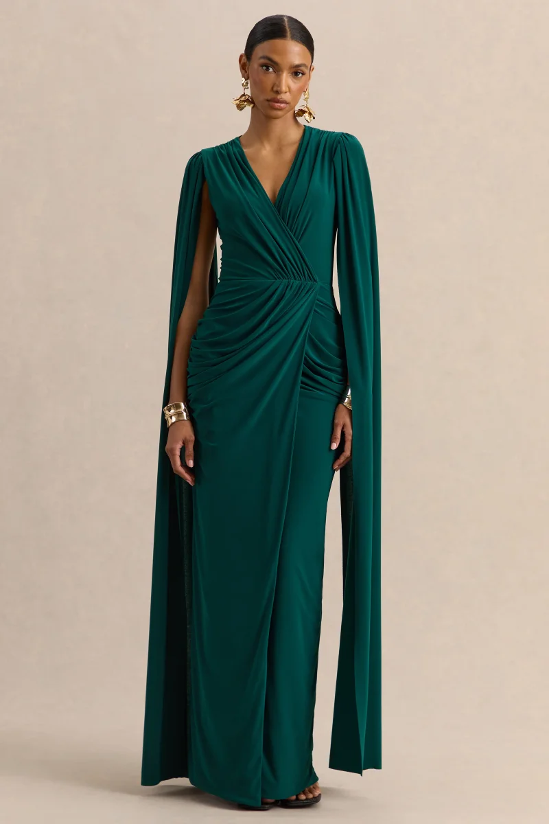 Ulissia | Verde Botella Escote en V Vestido Largo con Mangas Capa - Imagen 6