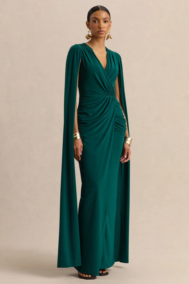 Ulissia | Verde Botella Escote en V Vestido Largo con Mangas Capa - Imagen 5