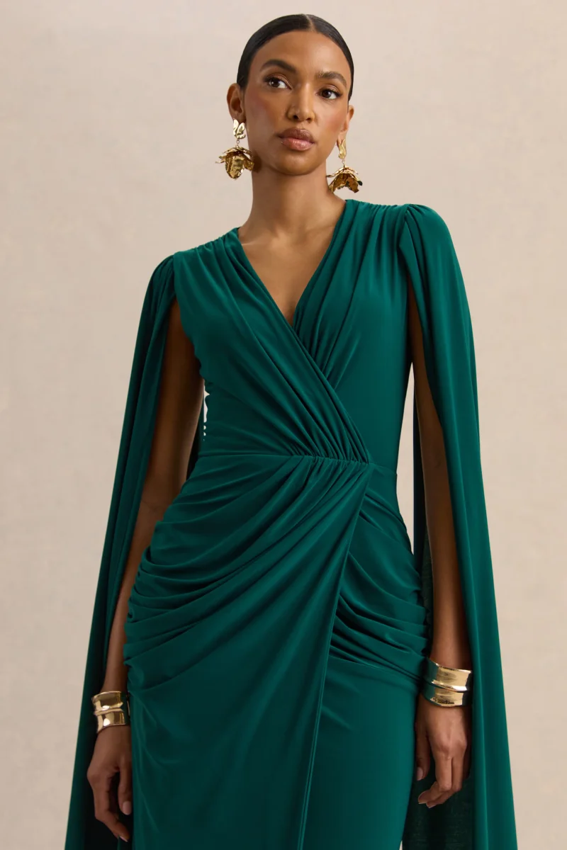 Ulissia | Verde Botella Escote en V Vestido Largo con Mangas Capa - Imagen 4