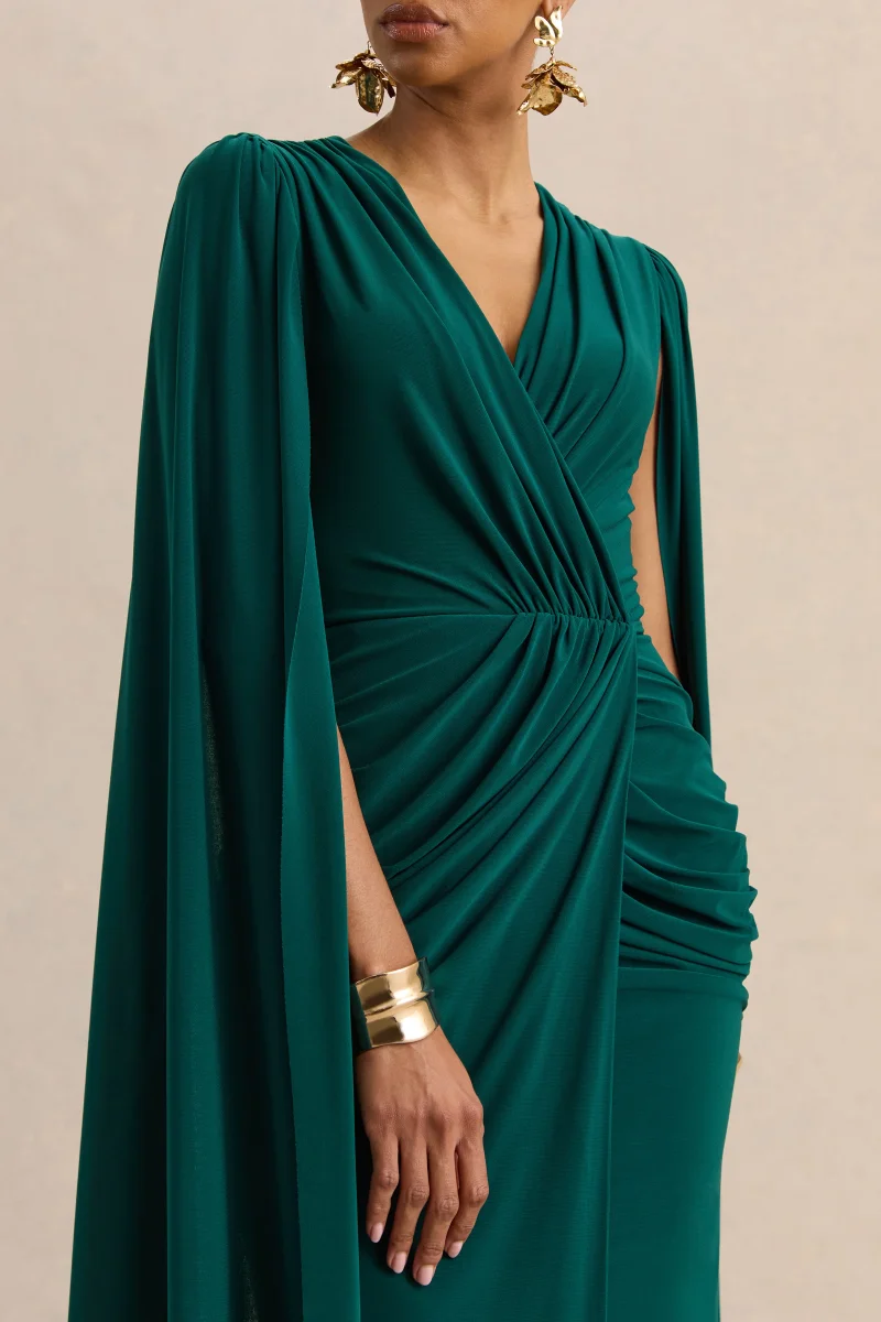 Ulissia | Verde Botella Escote en V Vestido Largo con Mangas Capa - Imagen 8
