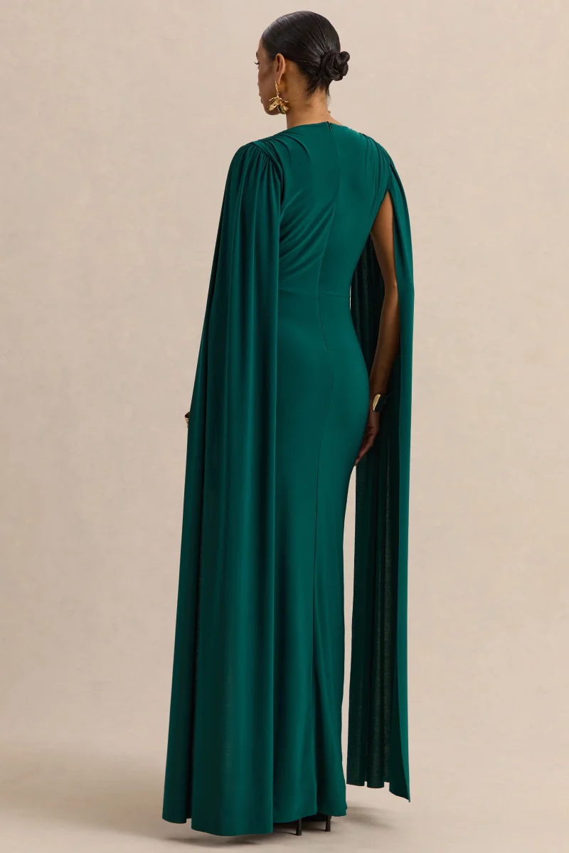 Ulissia | Verde Botella Escote en V Vestido Largo con Mangas Capa - Imagen 3
