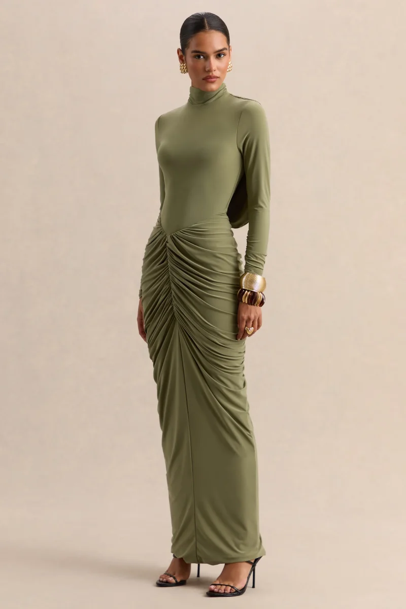 Harmona | Oliva Cuello Alto Vestido Largo con Fruncido y Detalle Drapeado - Imagen 6