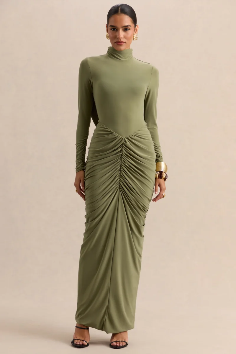Harmona | Oliva Cuello Alto Vestido Largo con Fruncido y Detalle Drapeado - Imagen 5