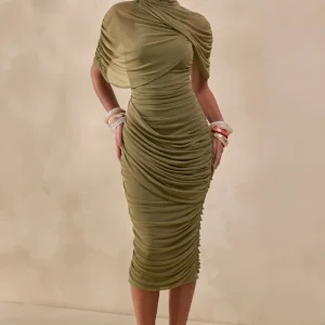 Fleurise | Vestido Midi Verde Oliva De Tul Con Cuello Alto, Mangas Capa Cortas Y Fruncidos