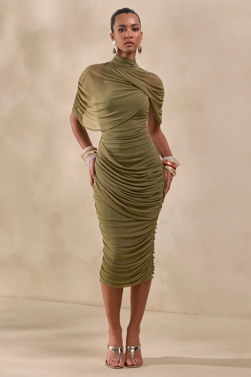 Fleurise | Vestido Midi Verde Oliva De Tul Con Cuello Alto, Mangas Capa Cortas Y Fruncidos