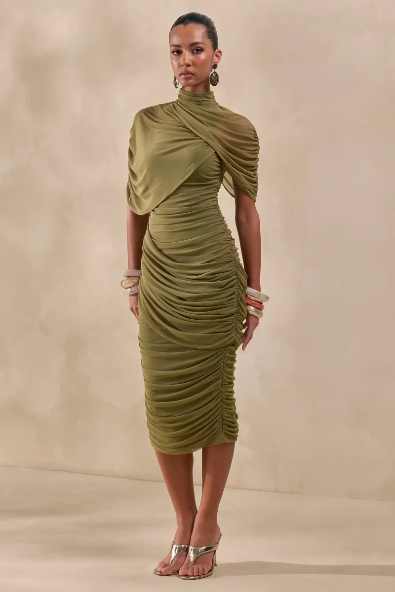 Fleurise | Vestido Midi Verde Oliva De Tul Con Cuello Alto, Mangas Capa Cortas Y Fruncidos - Imagen 4