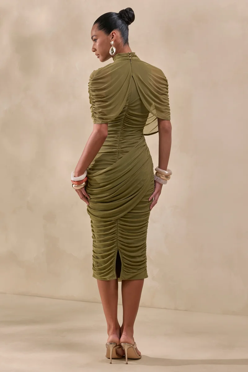 Fleurise | Vestido Midi Verde Oliva De Tul Con Cuello Alto, Mangas Capa Cortas Y Fruncidos - Imagen 3