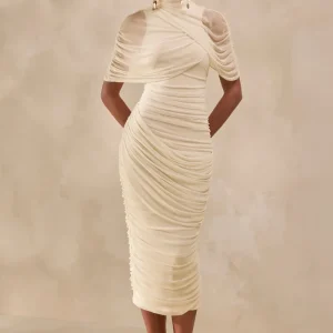 Fleurise | Vestido Midi Crema De Tul Con Cuello Alto, Mangas Capa Cortas Y Fruncidos