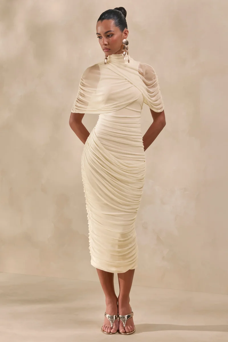 Fleurise | Vestido Midi Crema De Tul Con Cuello Alto, Mangas Capa Cortas Y Fruncidos