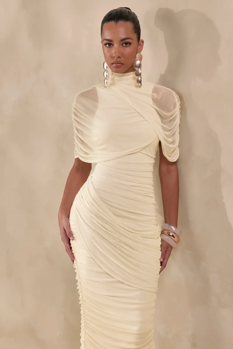 Fleurise | Vestido Midi Crema De Tul Con Cuello Alto, Mangas Capa Cortas Y Fruncidos - Imagen 4