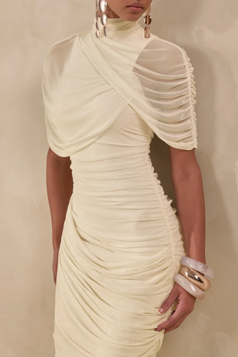 Fleurise | Vestido Midi Crema De Tul Con Cuello Alto, Mangas Capa Cortas Y Fruncidos - Imagen 5