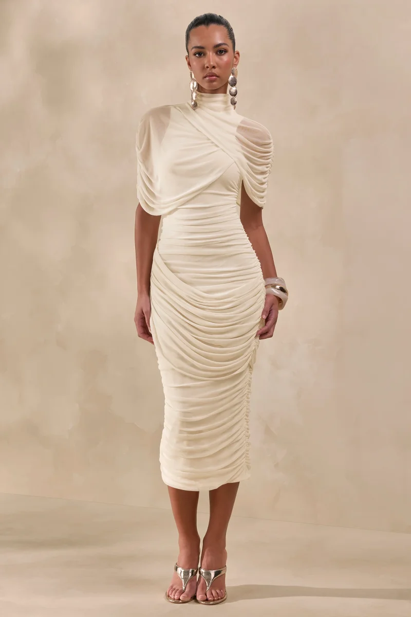 Fleurise | Vestido Midi Crema De Tul Con Cuello Alto, Mangas Capa Cortas Y Fruncidos - Imagen 6