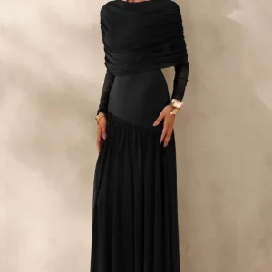 Enalia | Negro Malla Cuello Alto Vestido Largo con Capa Corta