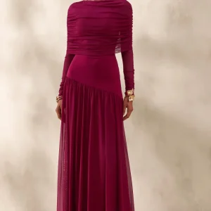 Enalia | Burdeos Malla Cuello Alto Vestido Largo con Capa Corta