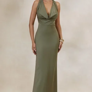 Aralisse | Vestido Largo Caqui De Satén Con Escote Drapeado