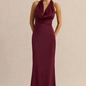 Aralisse | Vestido Largo De Satén Burdeos Con Escote Caído