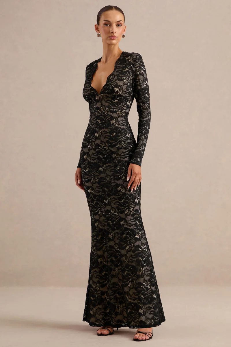 Avorine | Vestido Largo Negro De Encaje Con Escote Pico - Imagen 4