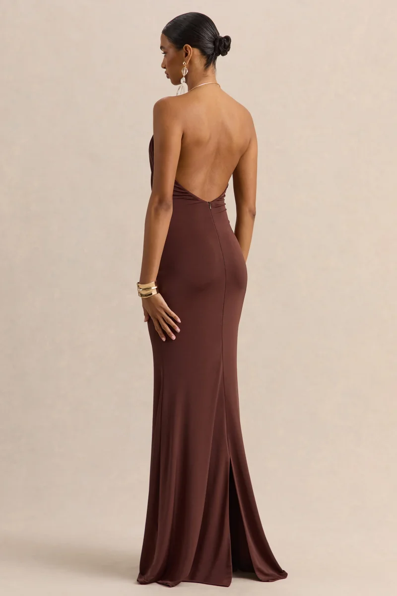 Chanterra | Vestido Largo Marrón de Escote Halter con Detalle Drapeadoing - Imagen 3