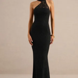 Almaria | Vestido largo de encaje negro con escote asimétrico y detalle de pañuelo