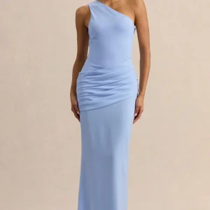 Arovia | Vestido Largo Azul Polvo De Satén Con Cuello Asimétrico Y Detalle Drapeado
