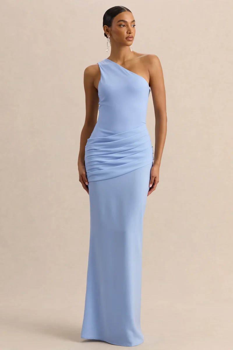 Arovia | Vestido Largo Azul Polvo De Satén Con Cuello Asimétrico Y Detalle Drapeado