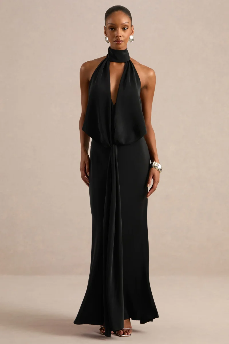 Canella | Vestido Largo De Satén Negro Con Escote Halter Y Detalle De Cinta