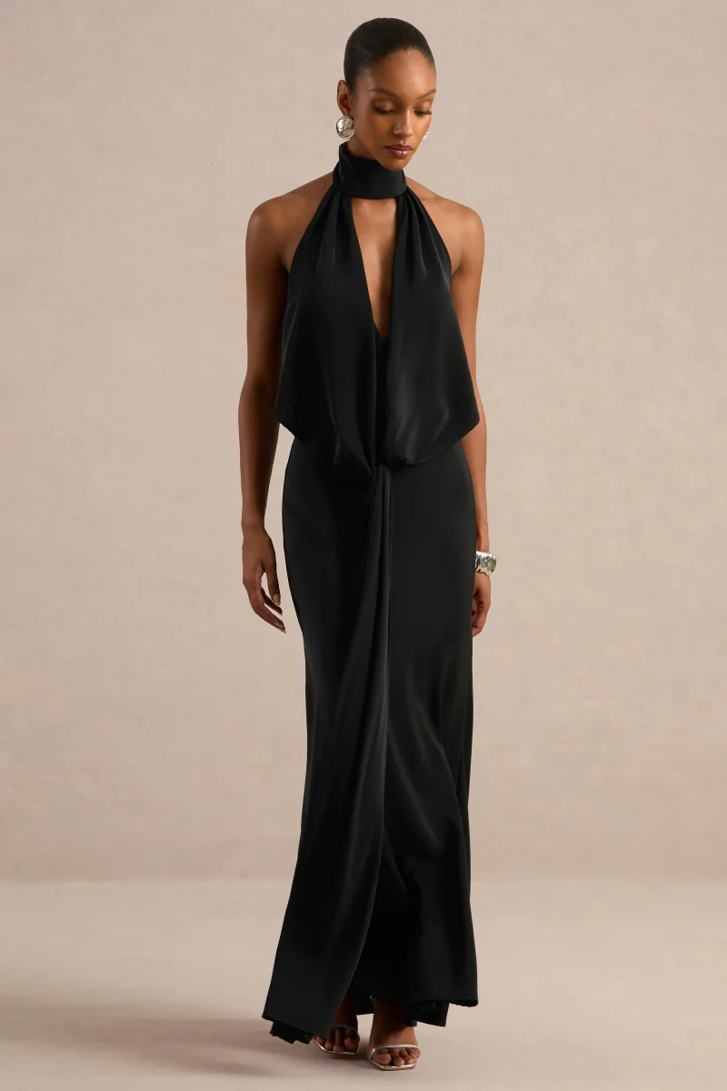 Canella | Vestido Largo De Satén Negro Con Escote Halter Y Detalle De Cinta - Imagen 6